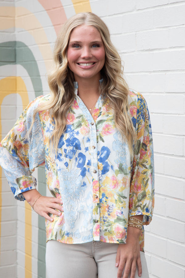Angelina Three Quarter Sleeve Floral Top, Blue Mix