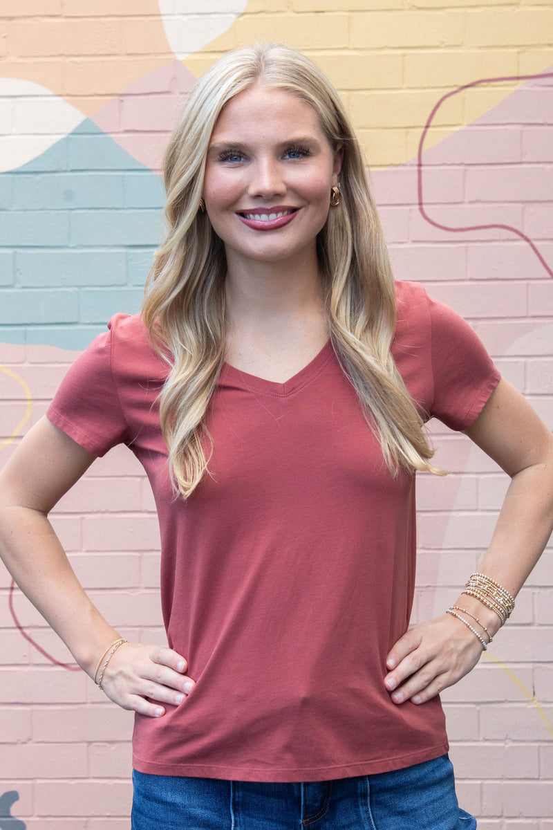 Tatum Cotton Jersey V-Neck Tee, Chili Oil