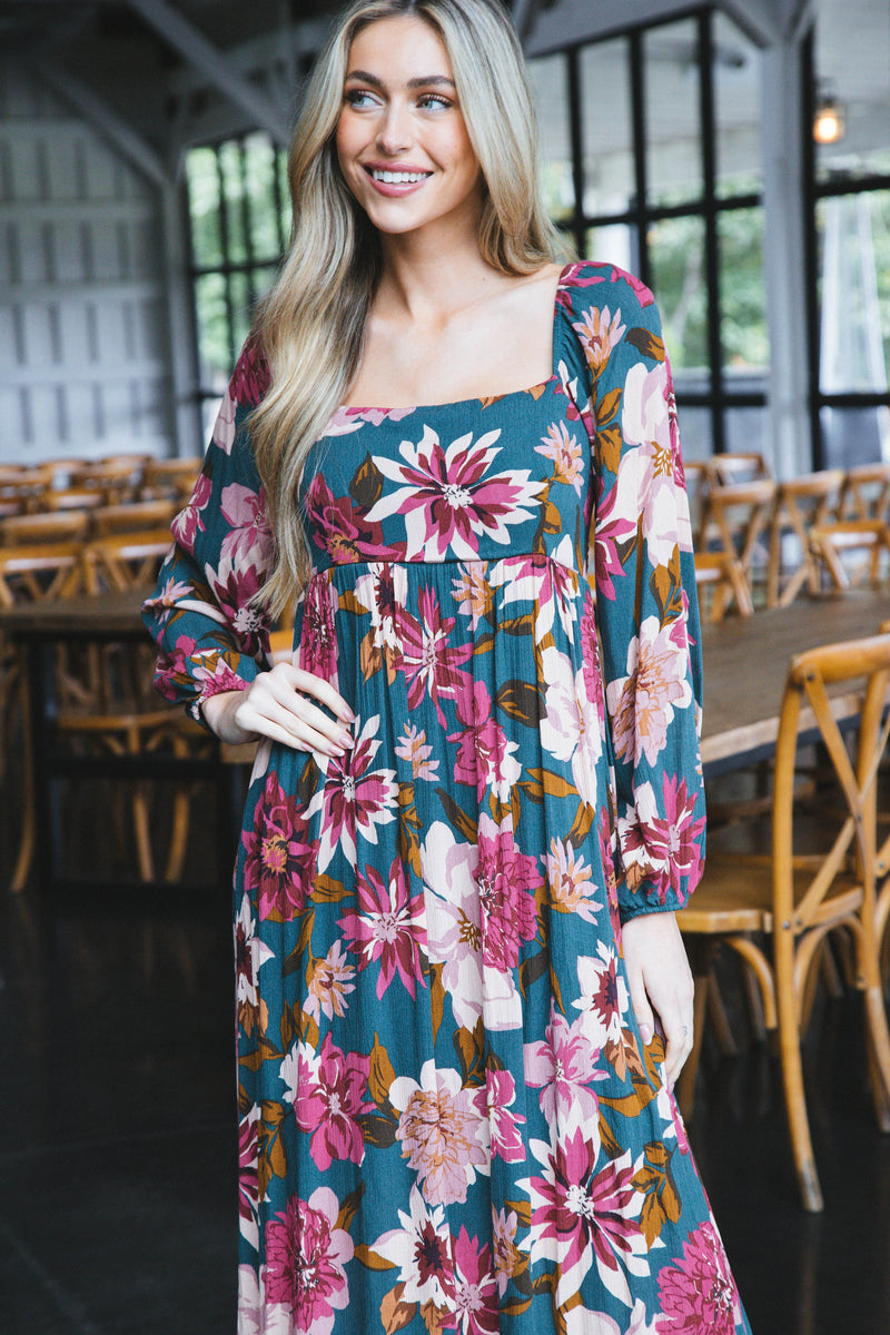 Whitley Long Sleeve Floral Maxi Dress, Hunter Green
