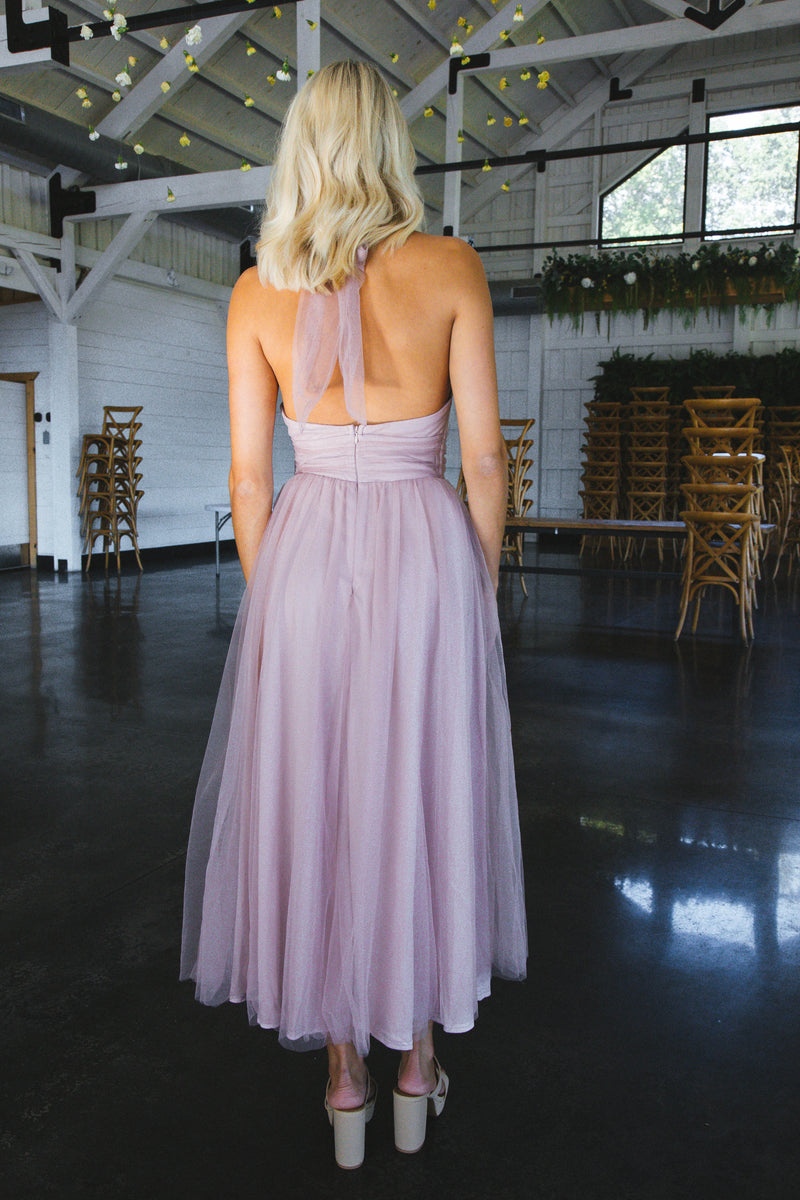 Pink Sunset Halter Tulle Midi Dress, Blush
