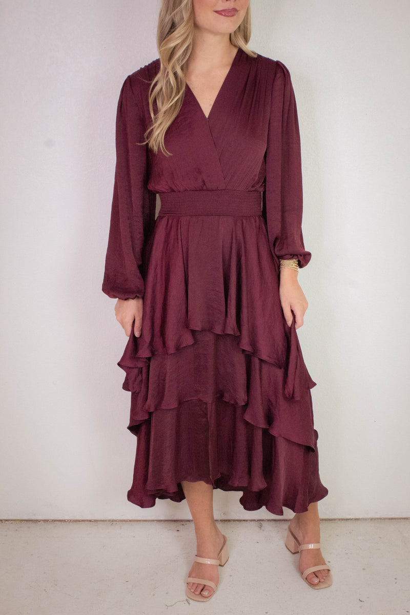 Bei Surplice V-Neck Midi Dress, Wine | Steve Madden