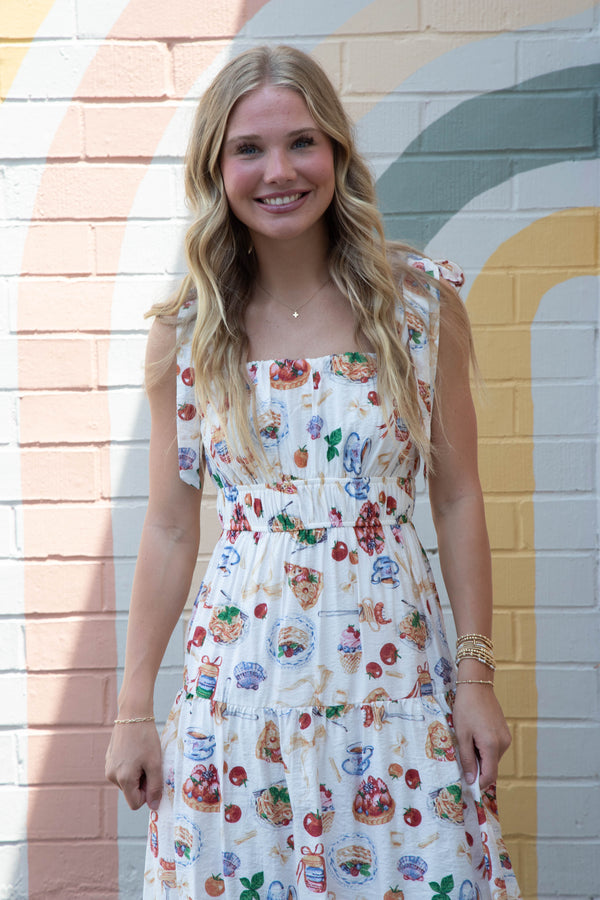 Allie Tea Time Tie Strap Midi Dress, Off White Multi