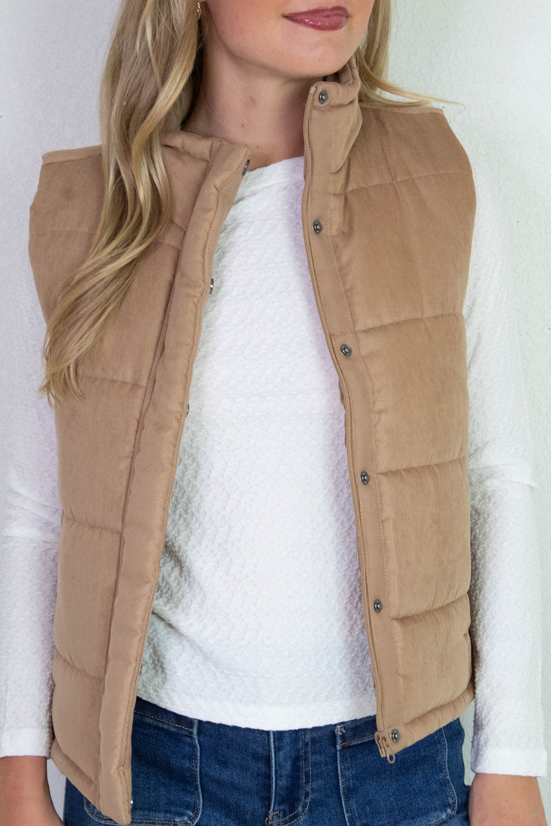 Isabelle Suede Puffer Vest, Camel