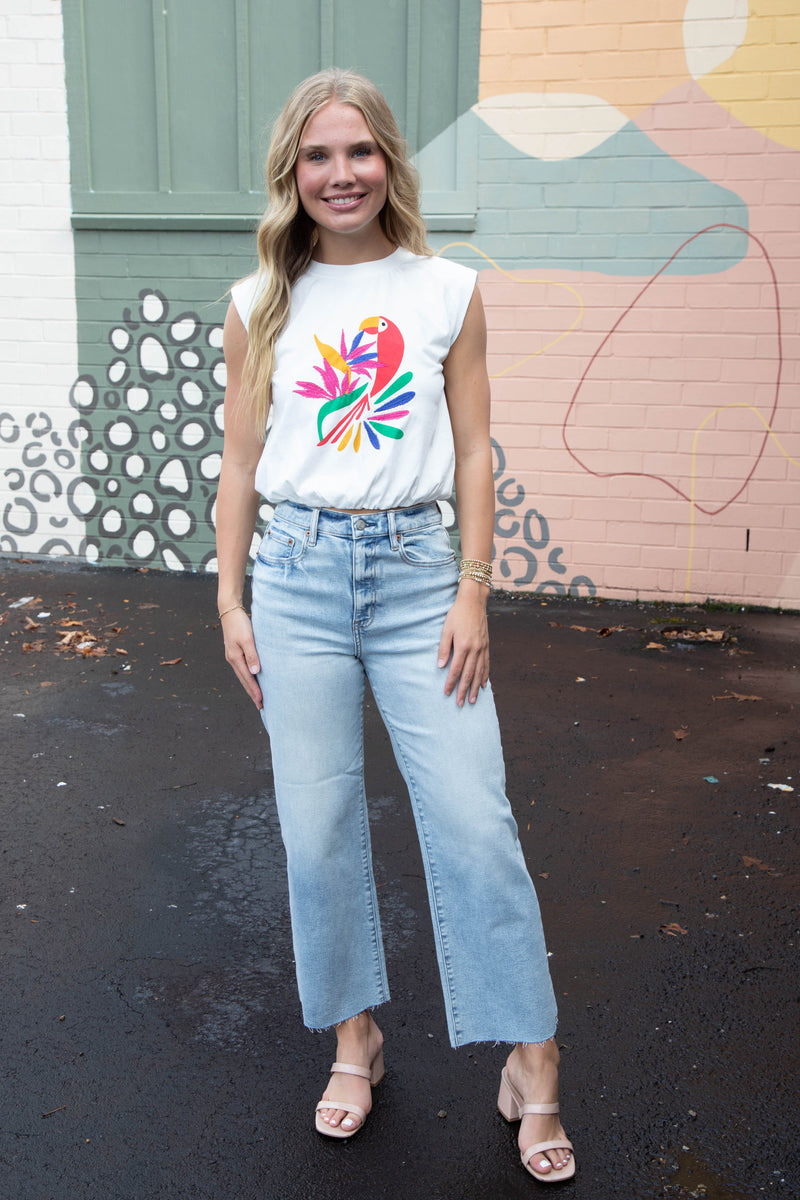 Lexi Abstract Bird Print Muscle Tee, Off White