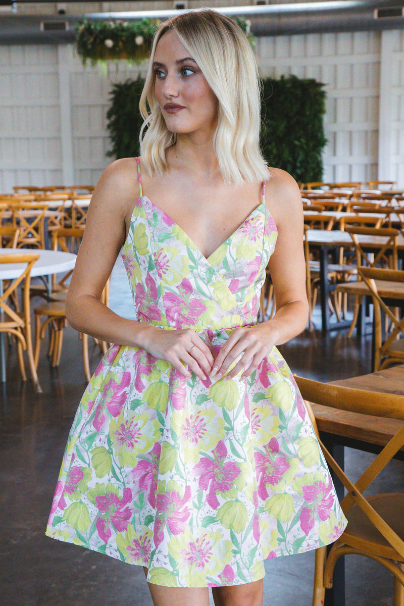 Leila Surplice Mini Dress, Pink/Yellow/Green M / Pink/Yellow/Green Leila Surplice Mini Dress, Pink/Yellow/Green M / Pink/Yellow/Green