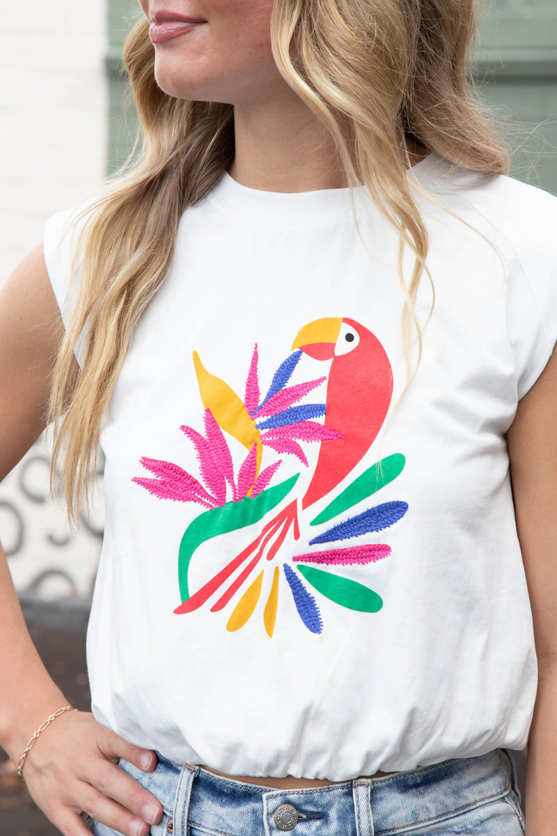 Lexi Abstract Bird Print Muscle Tee, Off White