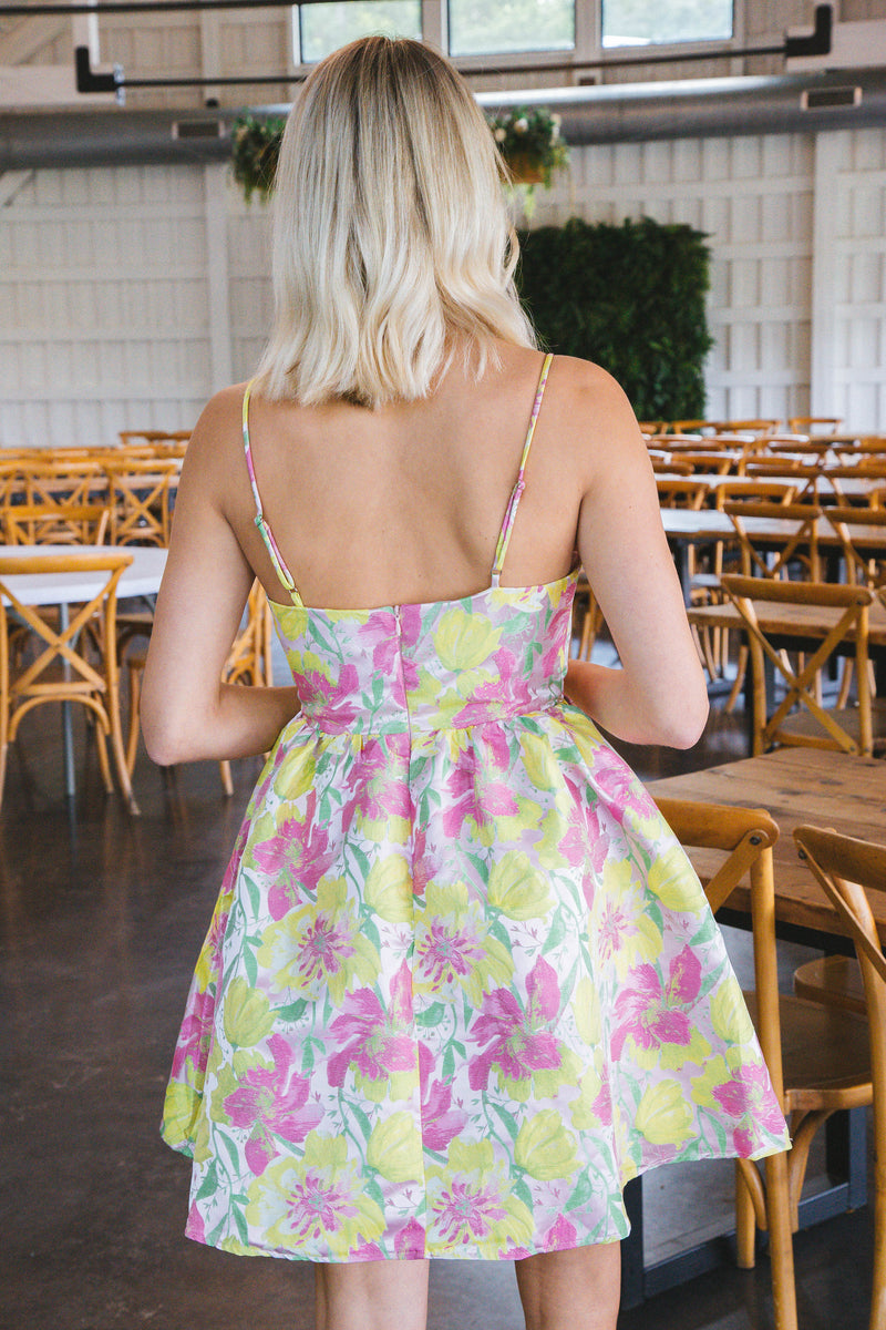 Leila Surplice Mini Dress, Pink/Yellow/Green North & Main Clothing Company Leila Surplice Mini Dress, Pink/Yellow/Green North & Main Clothing Company