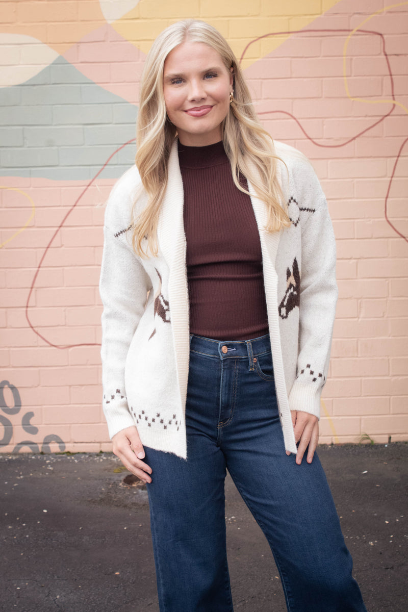 Horse Duo Shawl Collared Cardigan, Ivory