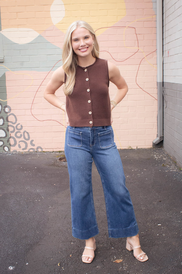Kaia Crop Wide Leg Patch Pocket Jeans, Dark