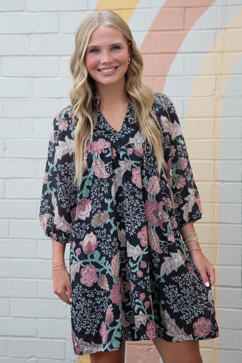 Lilia Floral Ruffled V-Neck Dress, Black