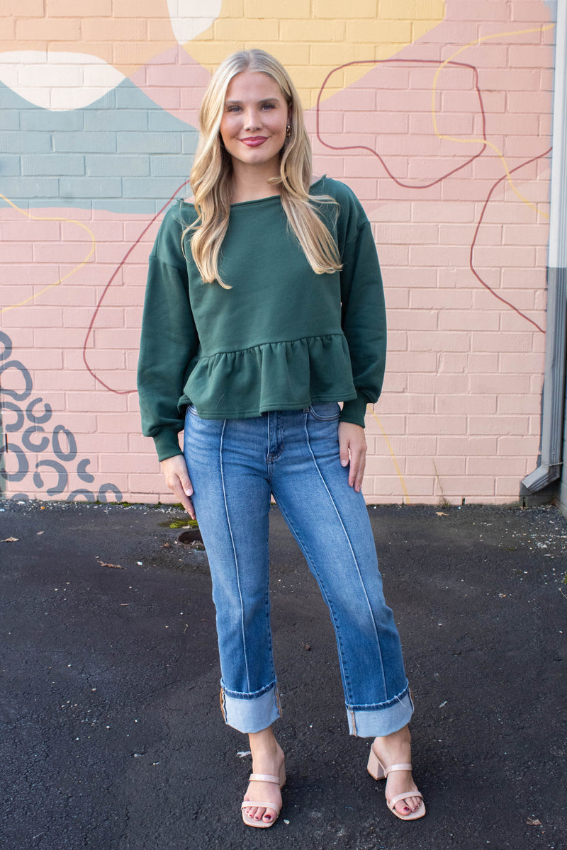 Arabella Peplum Hem Sweatshirt, Hunter Green