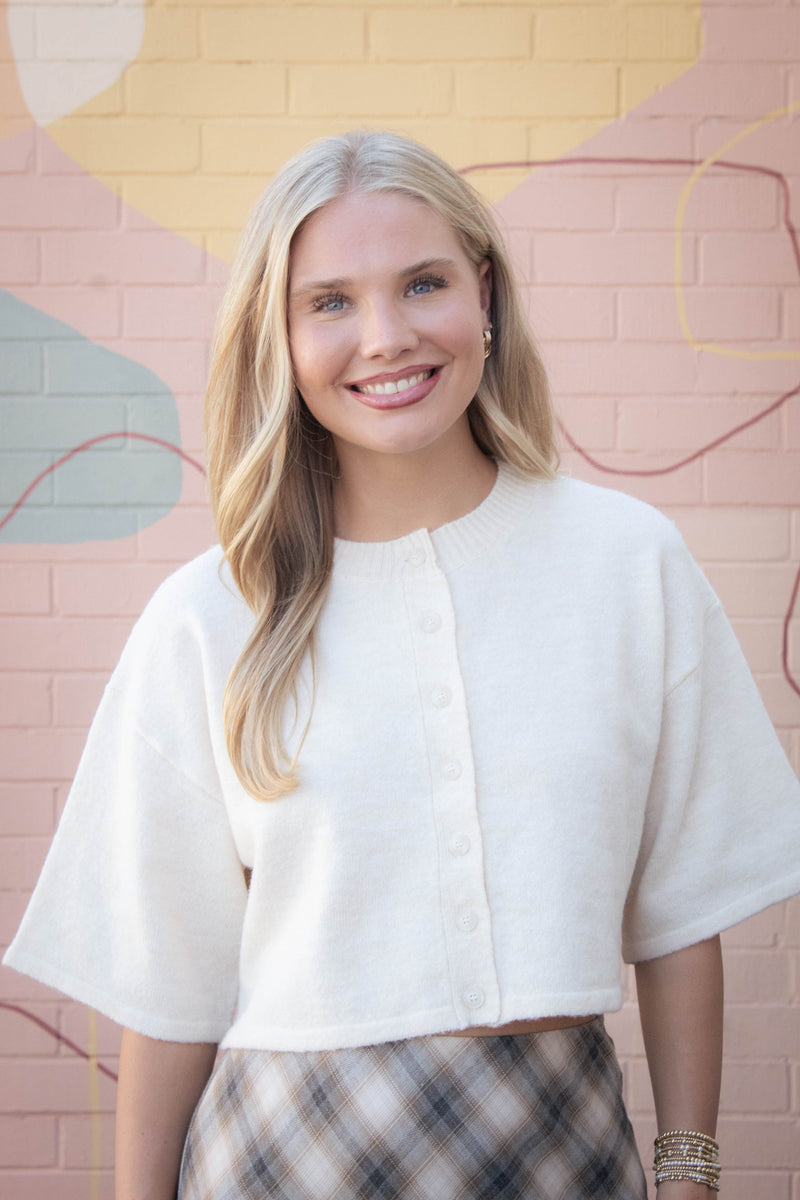 Jeanne Cropped Crew Neck Sweater, Cream