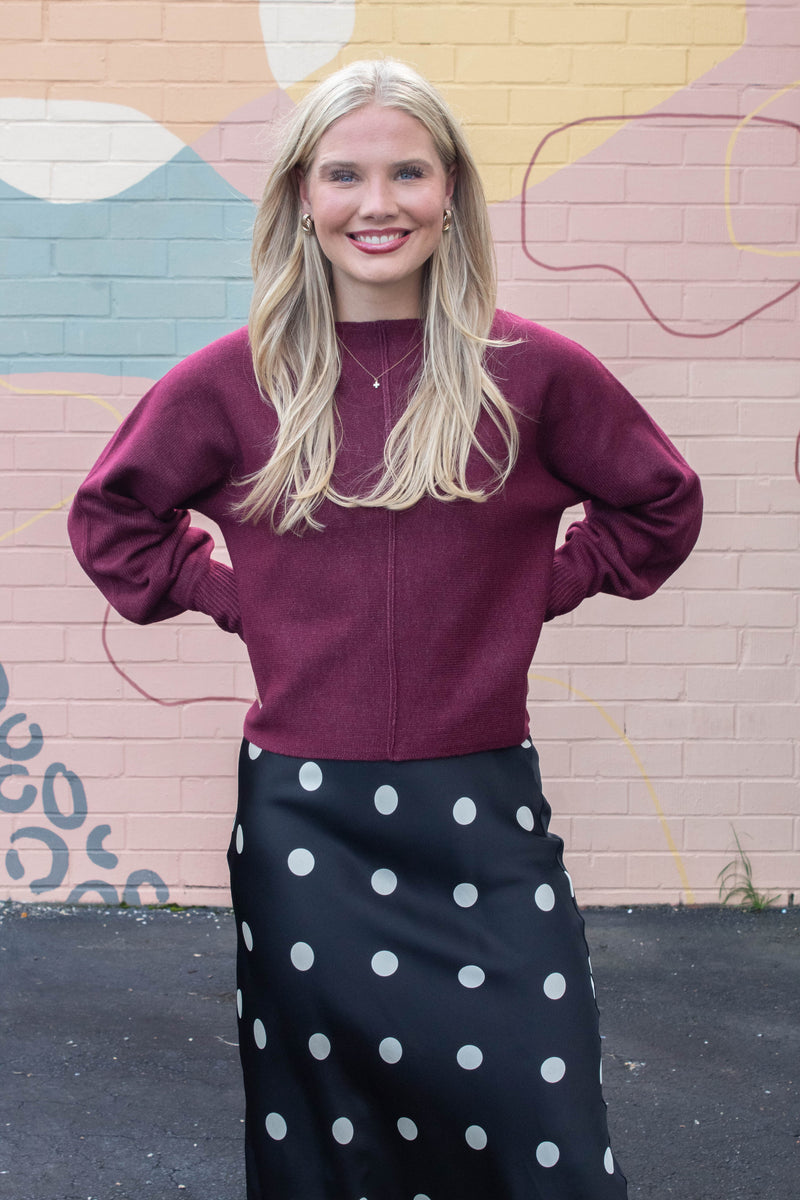 Sloane Satin Polka Dot Midi Skirt, Black-Cream Dot