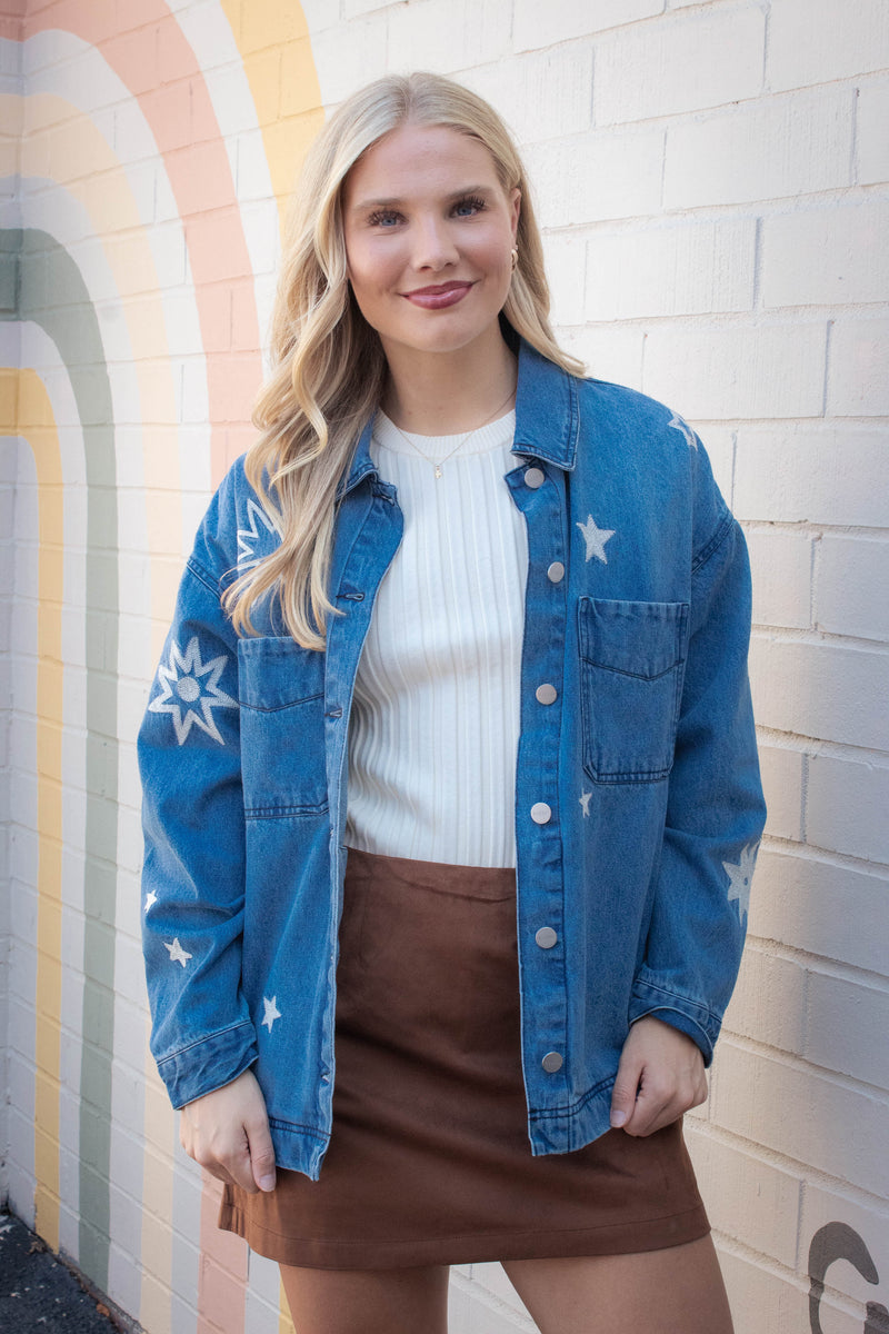 Harlow Star Embroidered Denim Jacket, Medium