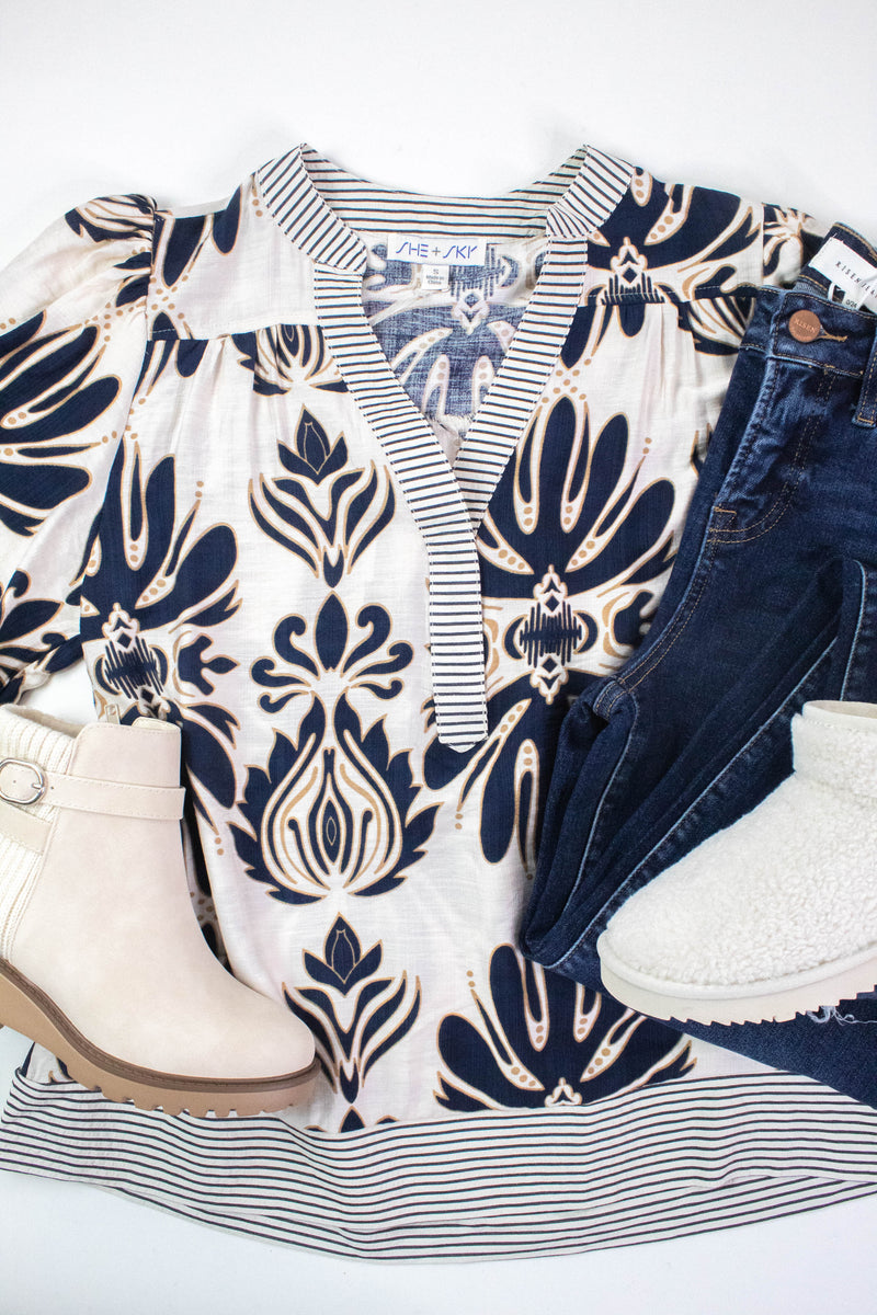 Arabella Bubble Sleeve Printed Top, Navy