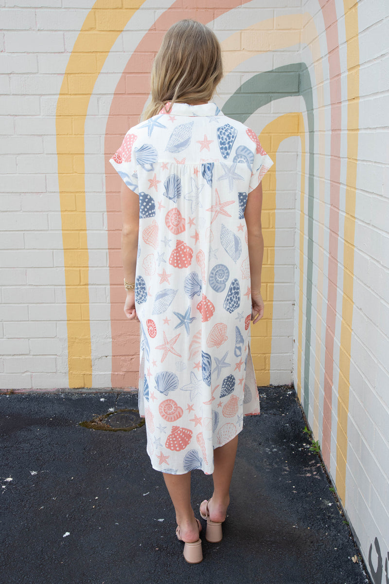 Seashells Duster Shirt Dress, White Multi | Sadie & Sage