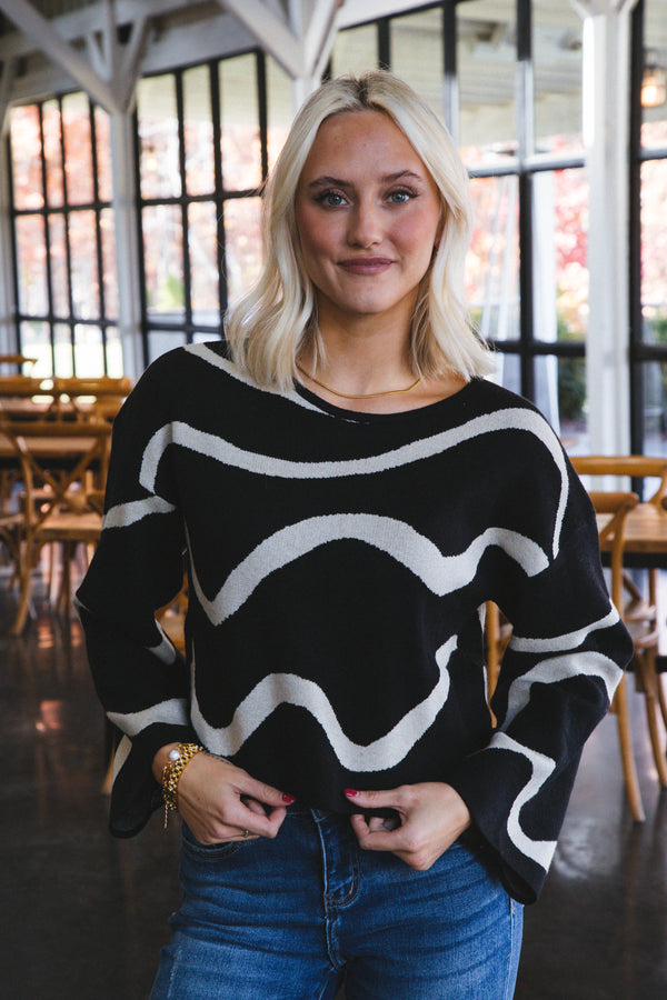 Swirl Boat Neck Sweater, Black/Cream