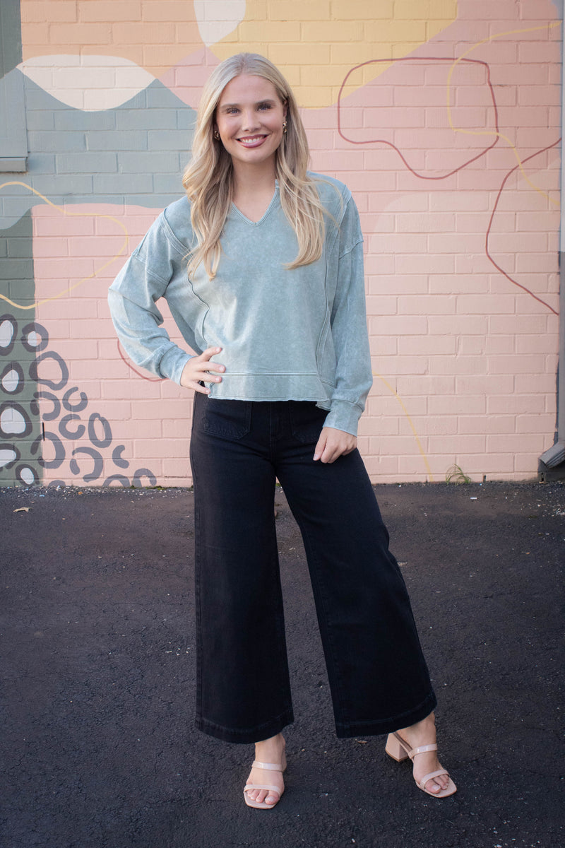 Remy Washed Exposed Seam Knit Top, Moss