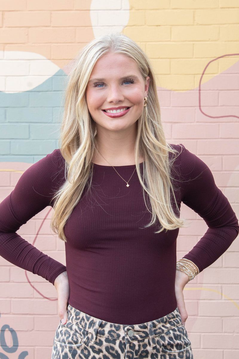 Elowyn Double Layer Rib Knit Tee, Maroon