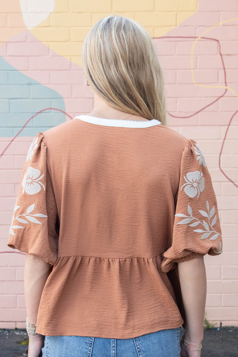 Bella Embroidered Peplum Blouse, Mocha