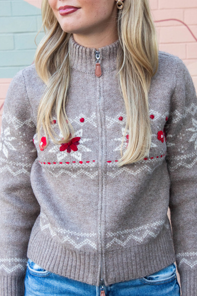 Nayeli Zip Up Embroidered Cardigan, Taupe | RD Style
