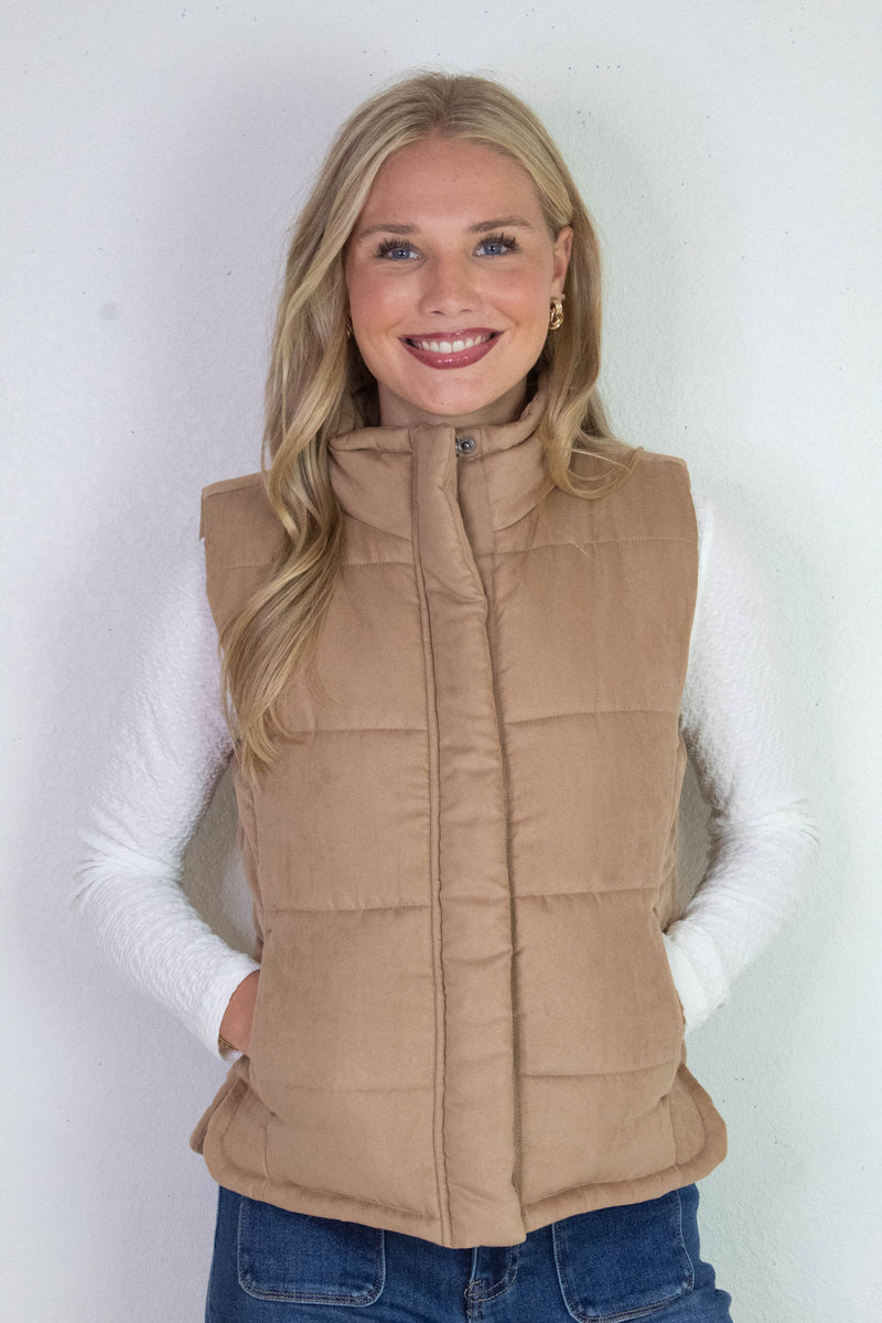Isabelle Suede Puffer Vest, Camel