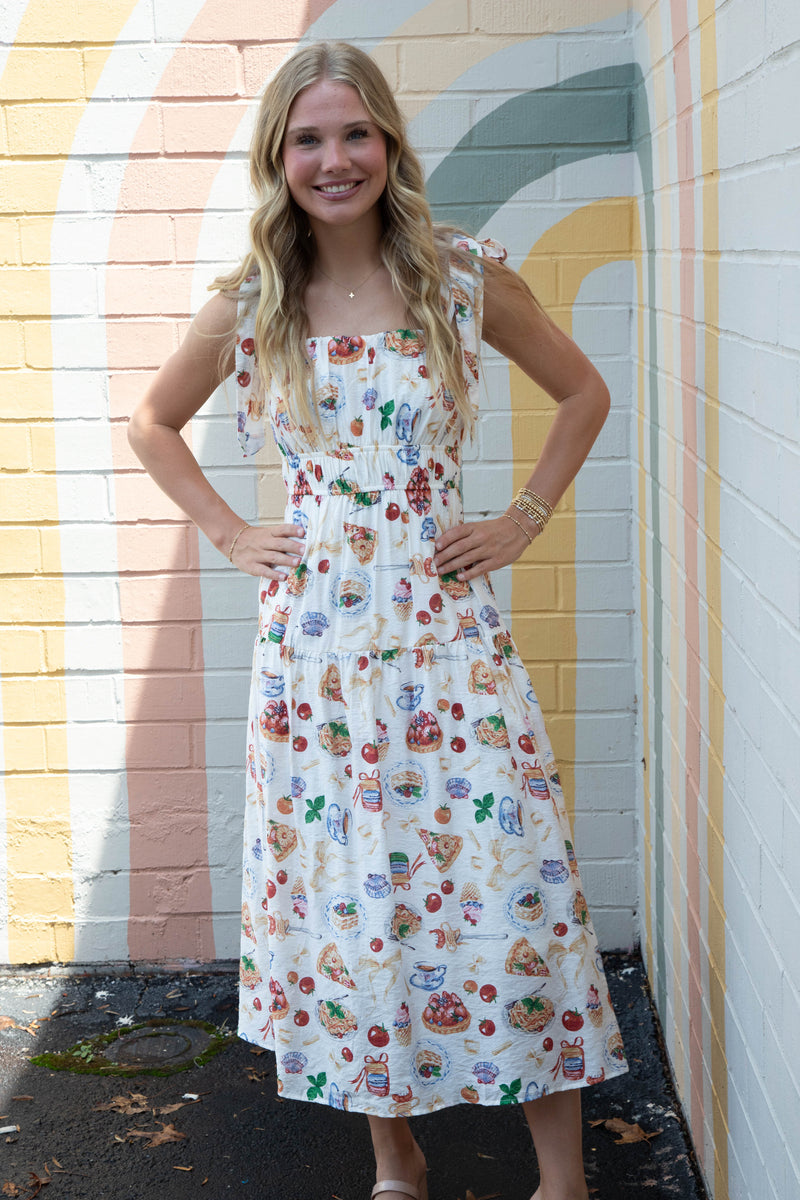 Allie Tea Time Tie Strap Midi Dress, Off White Multi