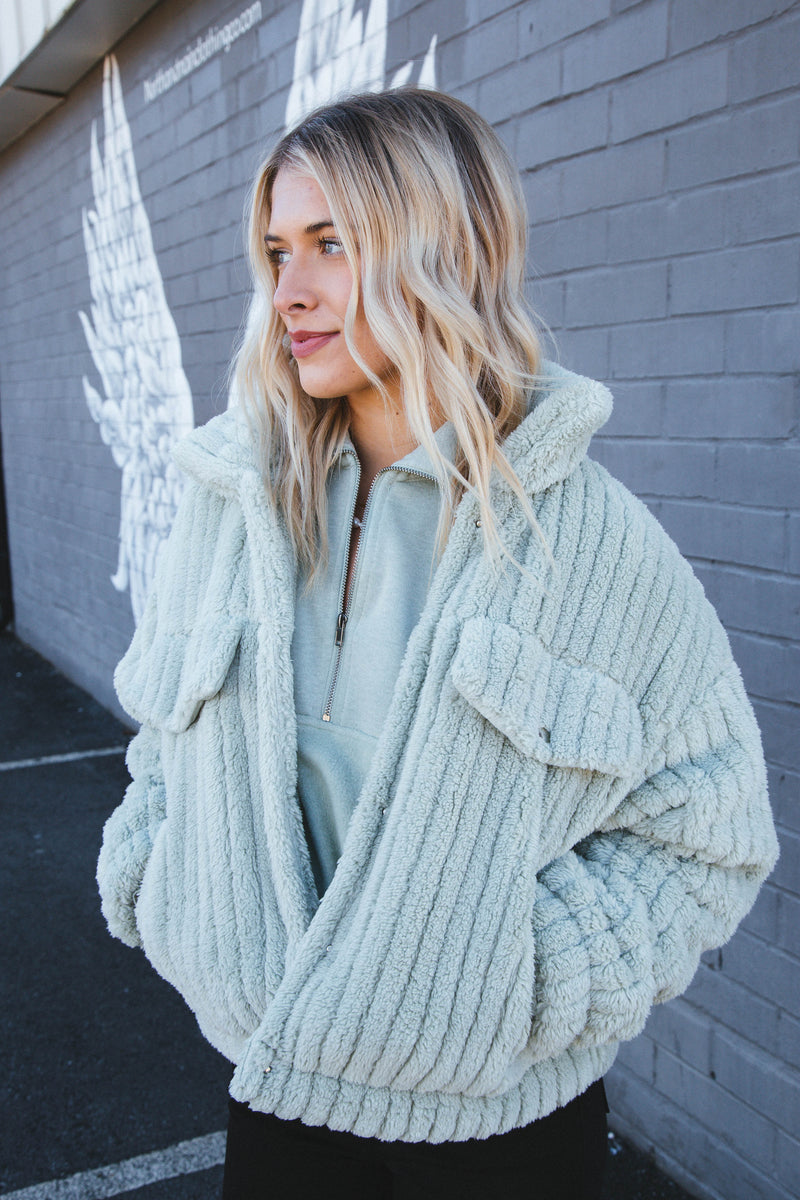 Teddy Snap Button Down Jacket, Sage