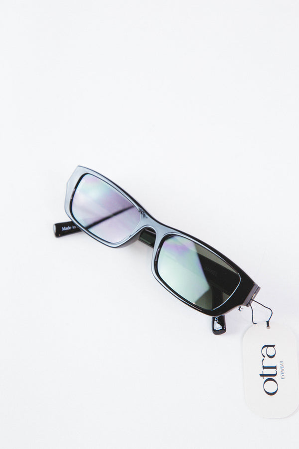 Mabel Slim Rectangular Sunglasses, Black/Green | Otra