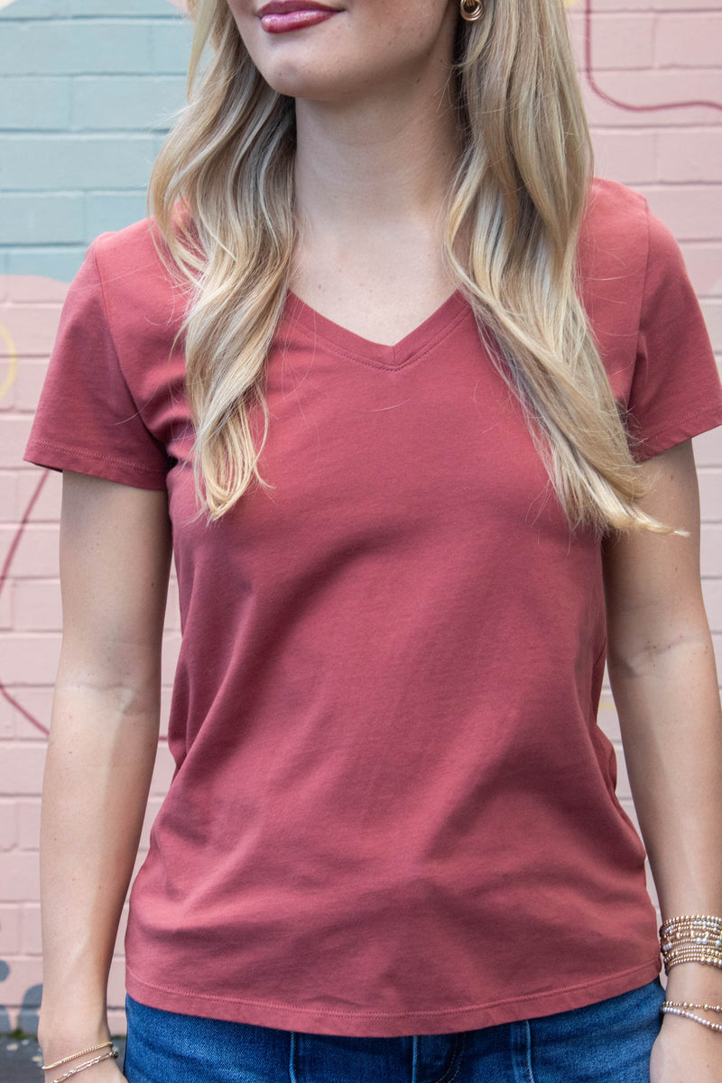 Tatum Cotton Jersey V-Neck Tee, Chili Oil