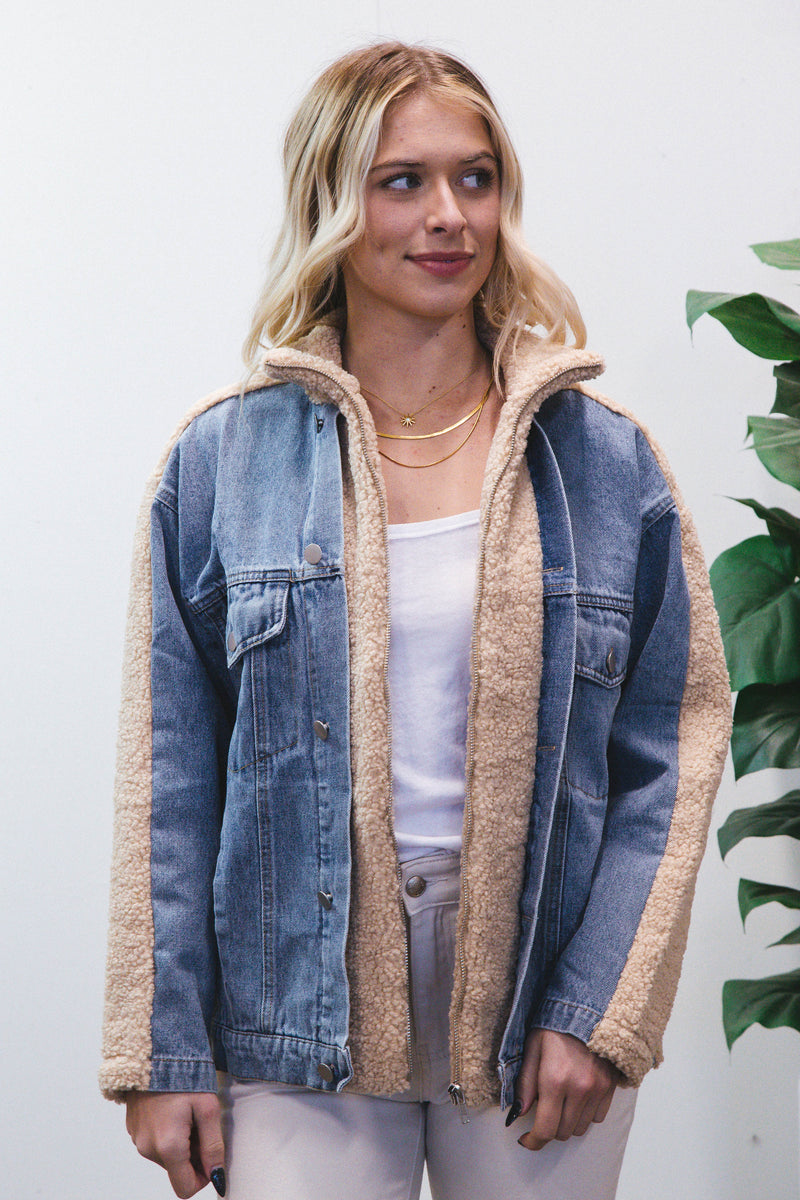 Lexie Faux Fur Denim Mix Jacket, Tan/Denim