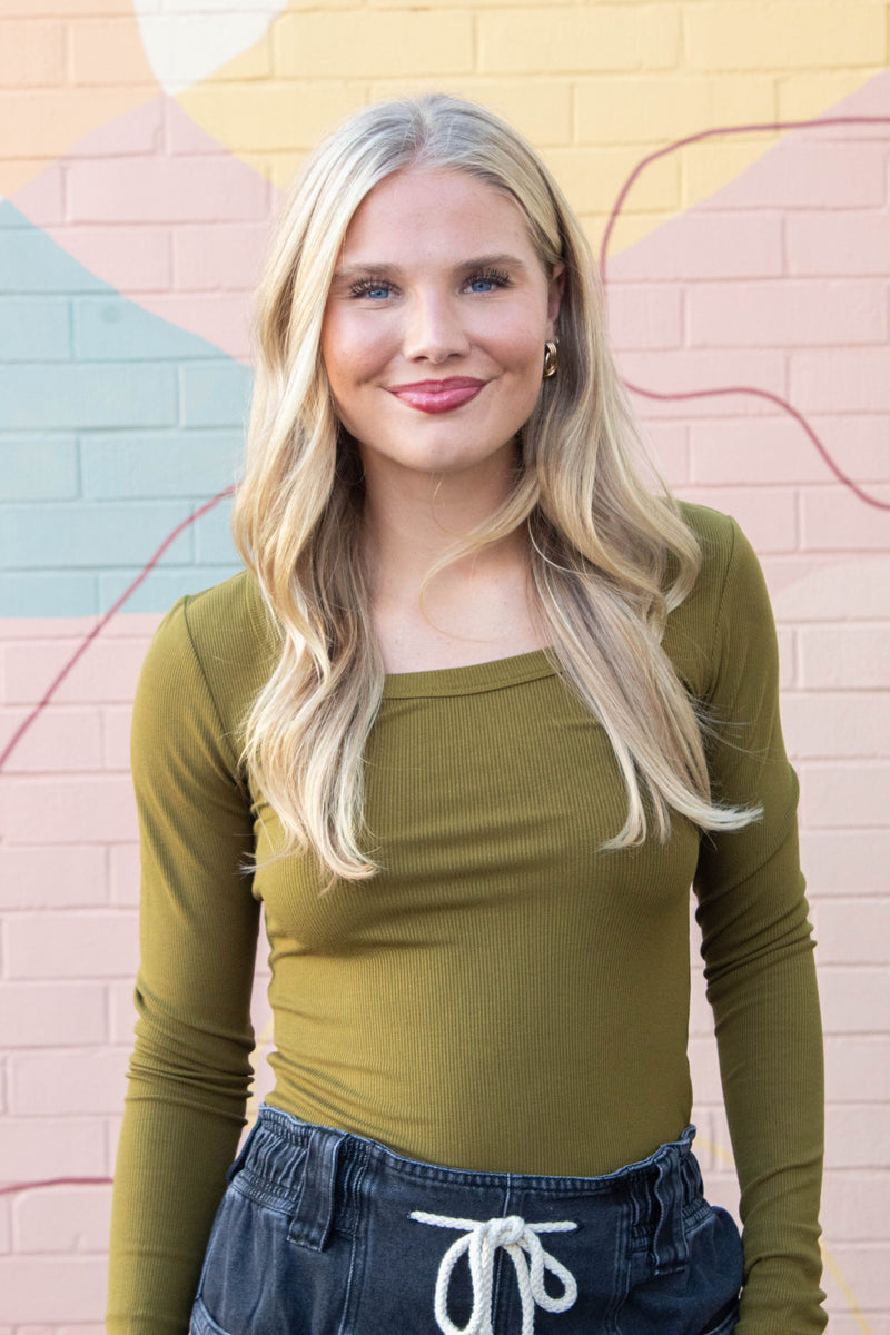 Lilah Slim Fit Ribbed Top, Camo Green