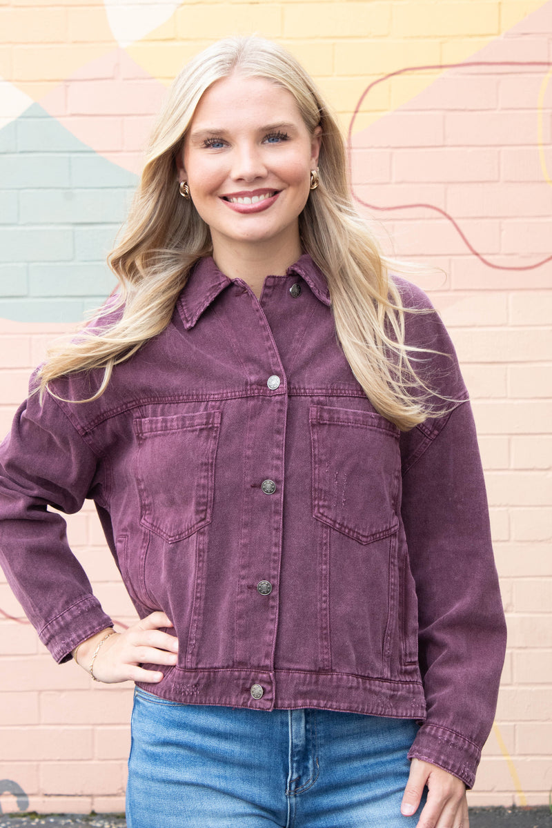 Audrey Button Down Denim Jacket, Cherry Lacquer