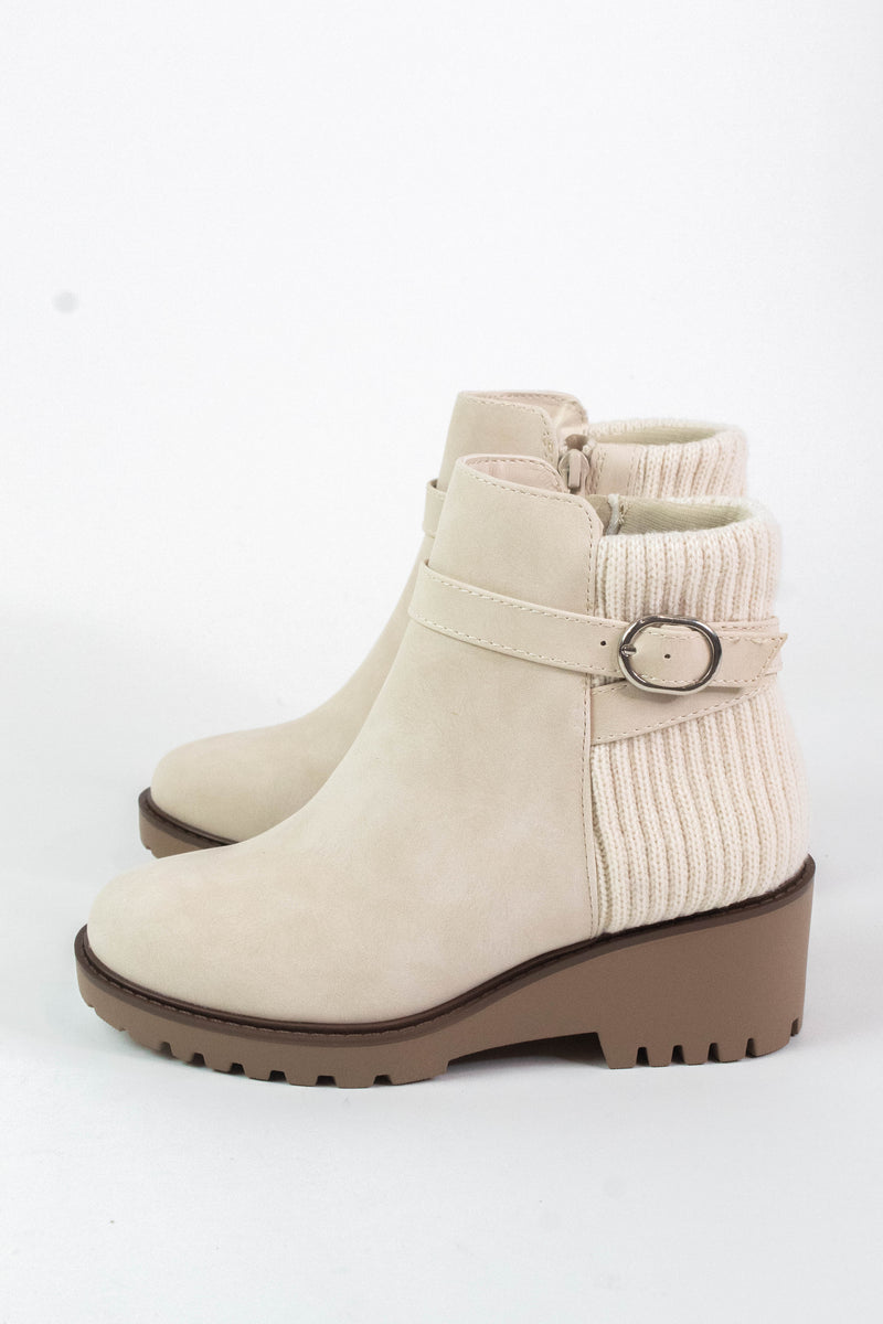 Aeson Knit Back Wedge Bootie, Beige Nubuck