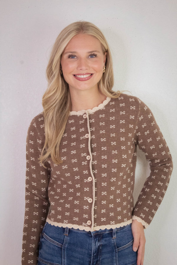 Lia Printed Contrast Scallop Trim Cardigan, Cocoa