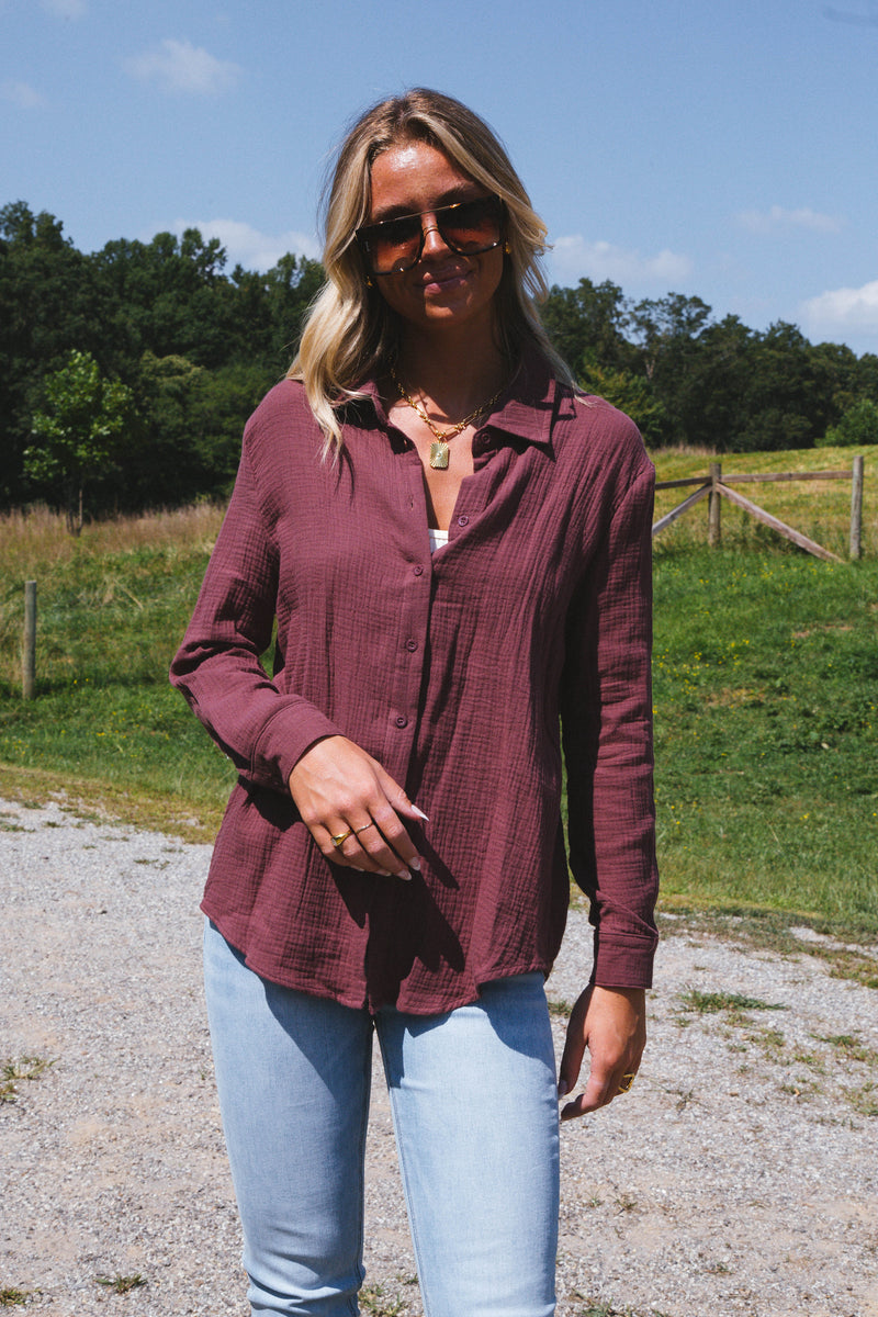 Cora Gauze Oversized Button Down Top, Plum