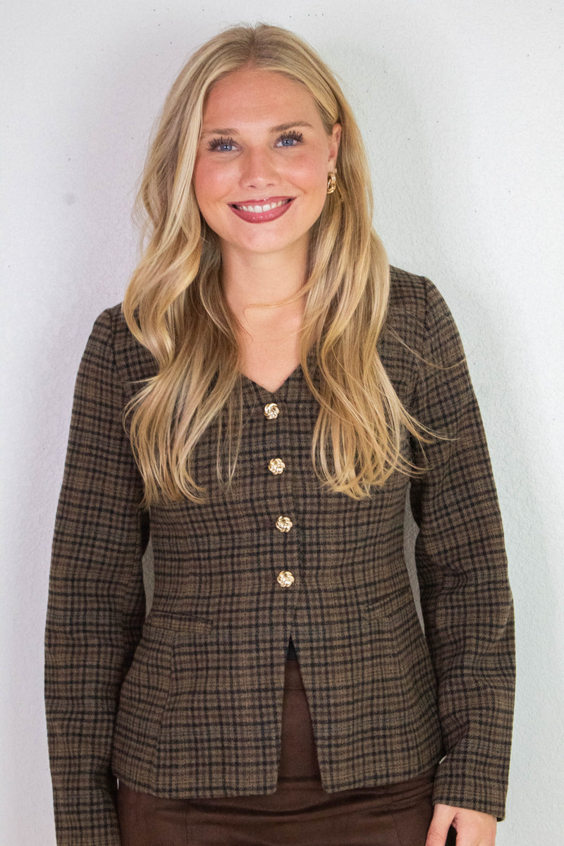 Cassandra Plaid Tweed Blazer, Brown Multi