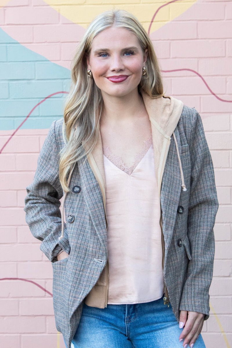 Jovie Herringbone Pattern Hooded Blazer, Tan Combo
