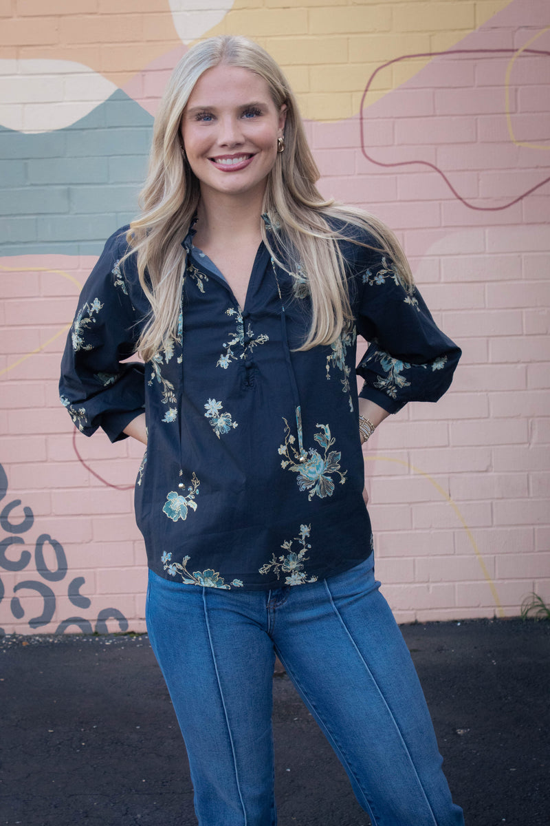Mila Floral Tie Neck Top, Black