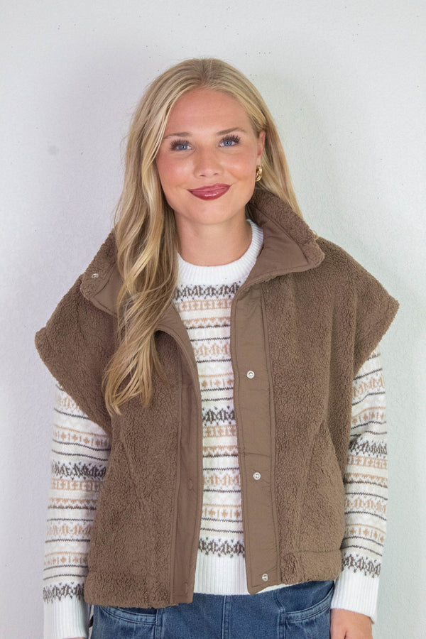 Addison Button Front Faux Fur Vest, Brown