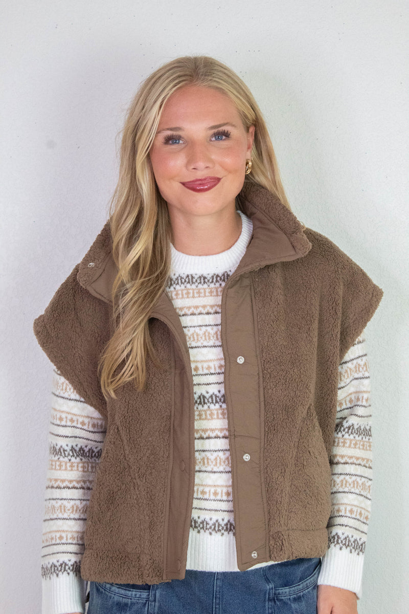 Addison Button Front Faux Fur Vest, Brown