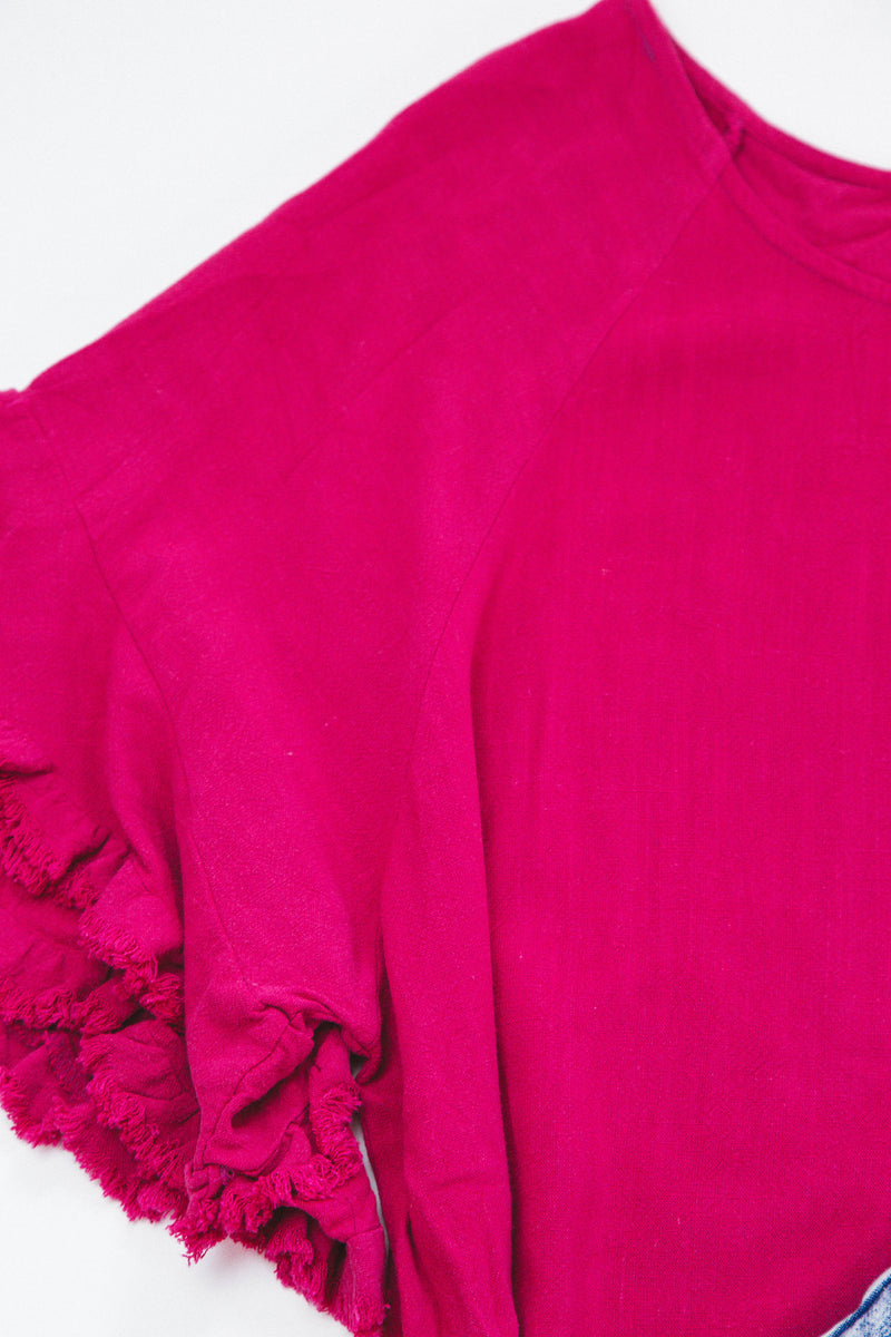 Margot Frayed Linen Top, Ruby | Extended Sizes