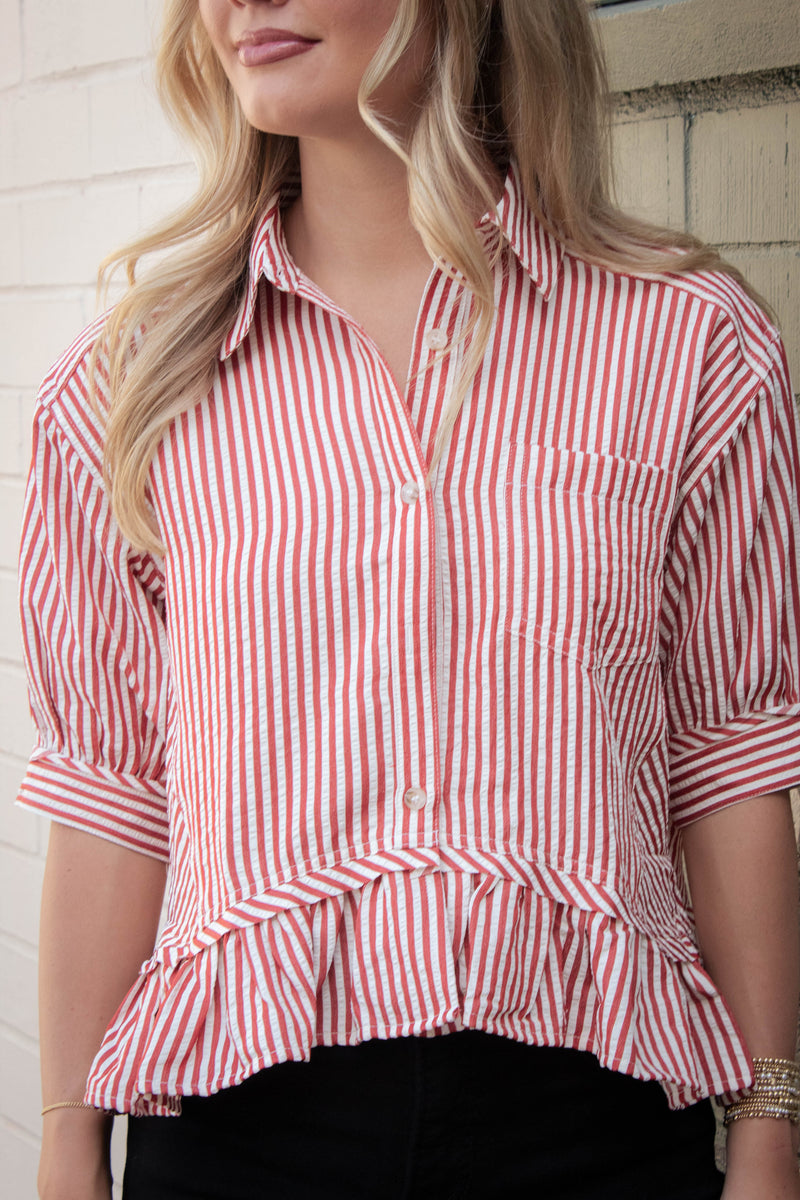 Indie Striped Ruffle Hem Button Up Top, Brick