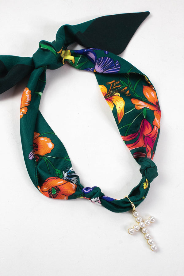 Charlotte Cross Charm Scarf Necklace, Green | Nora James Jewelry