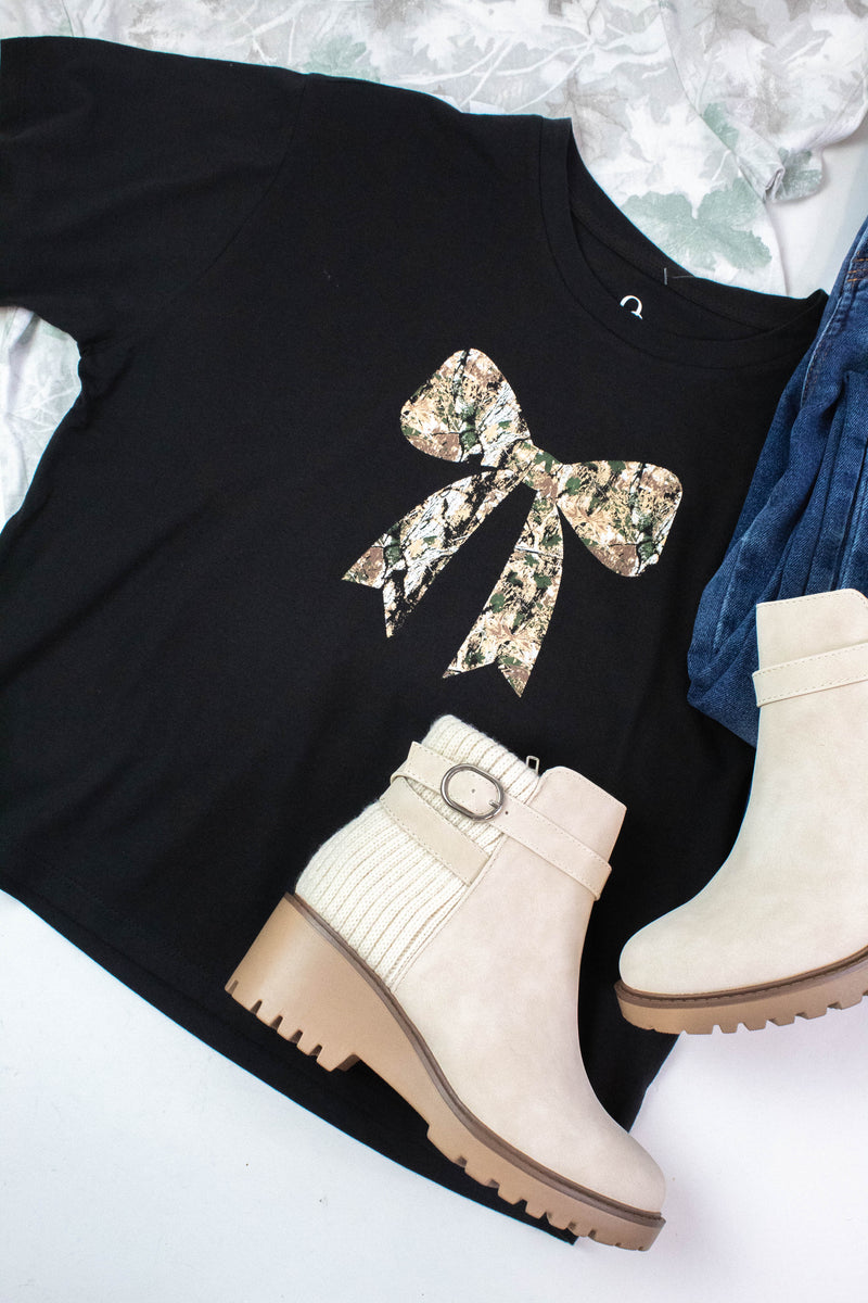 Camo Bow Baby Tee, Washed Black