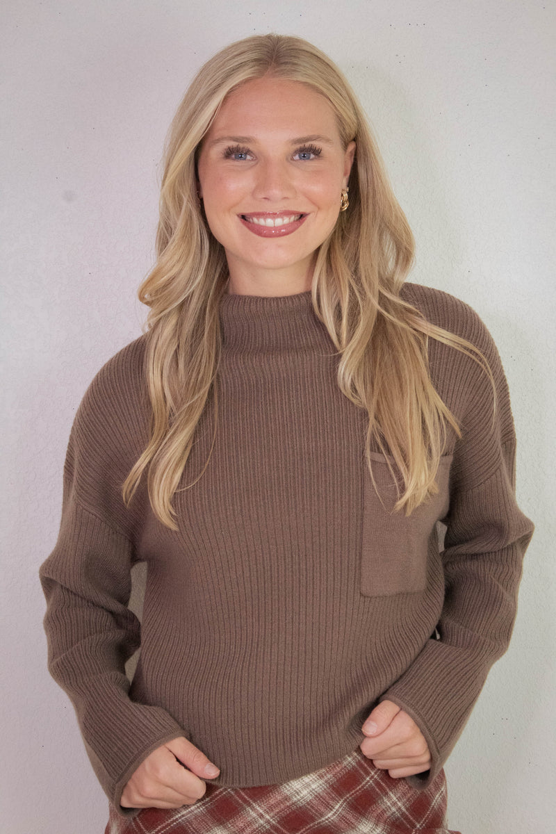 Cleo Mock Neck Chest Pocket Sweater, Mocha