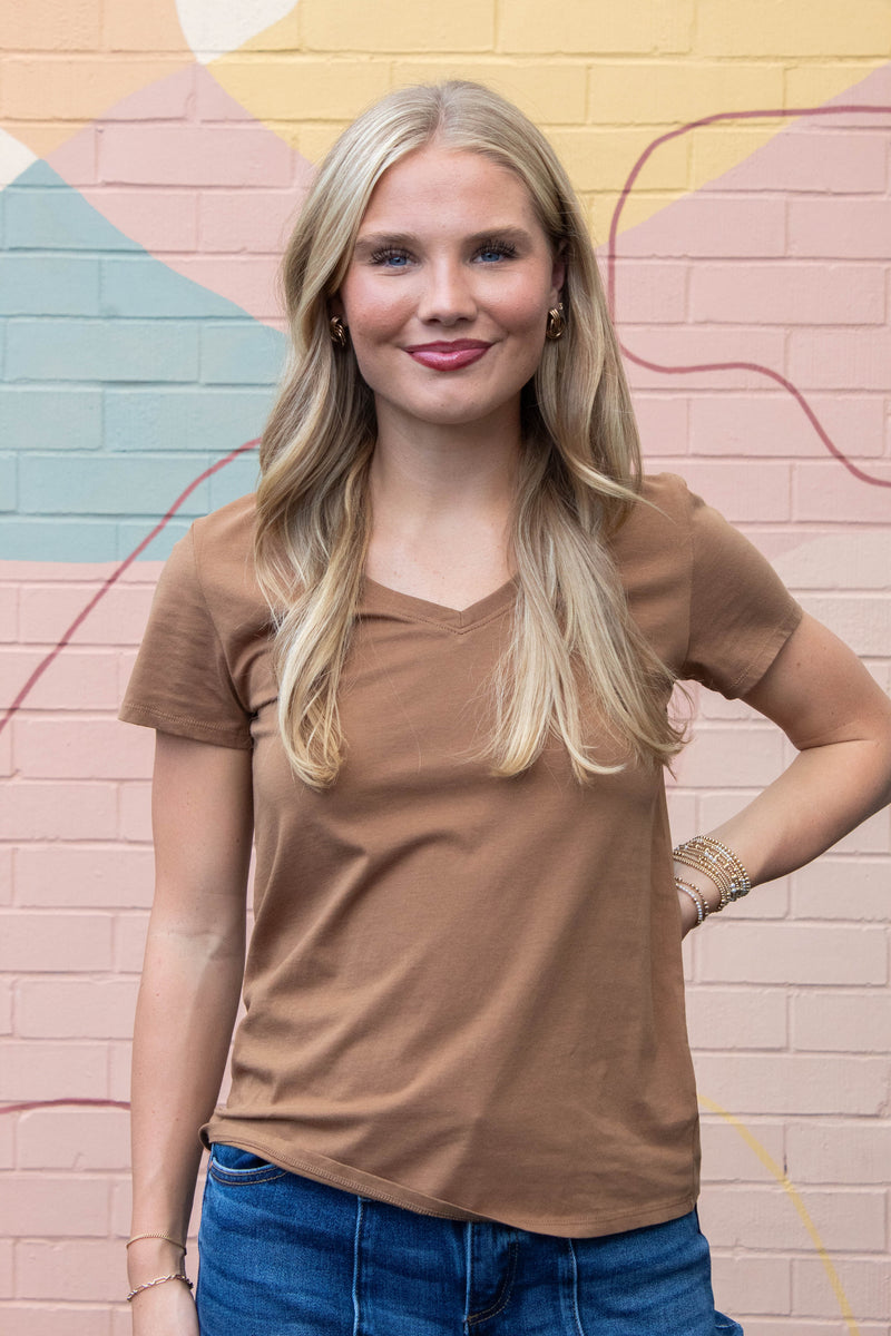 Tatum Cotton Jersey V-Neck Tee, Bronze Brown