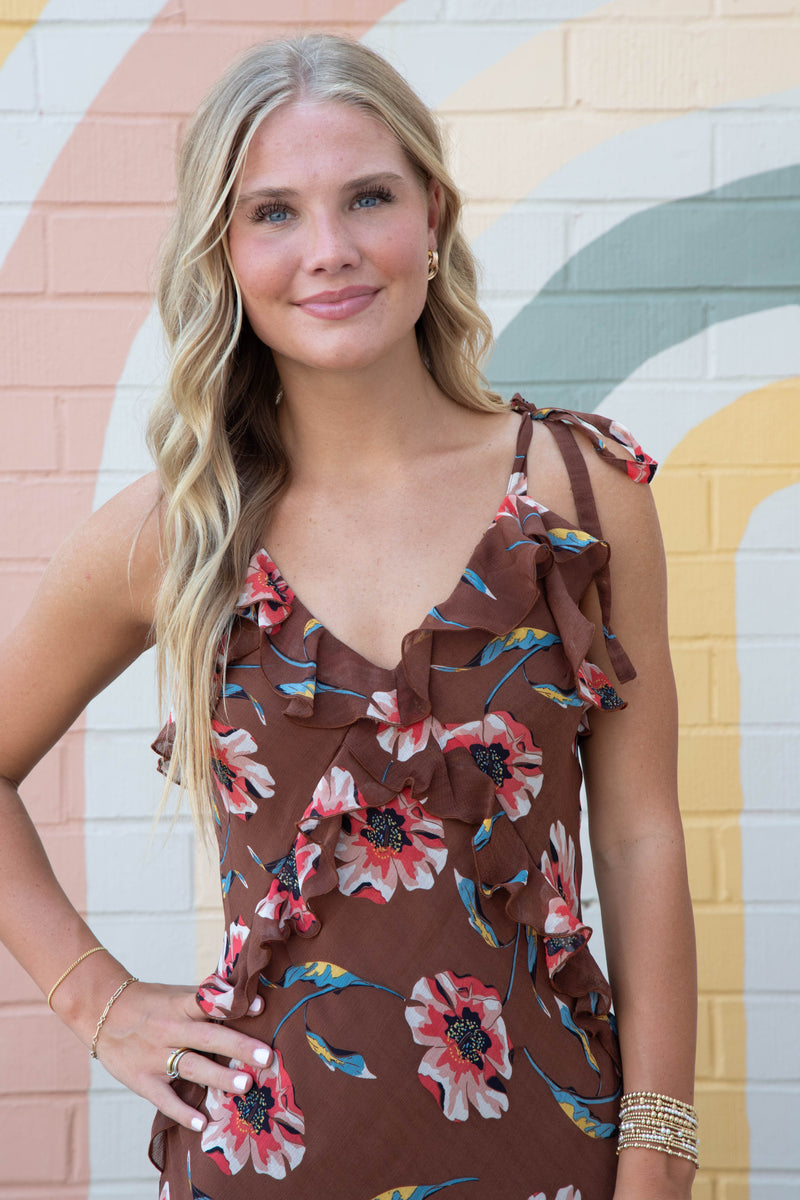 Adalina Floral Ruffled Maxi Dress, Brown | Steve Madden