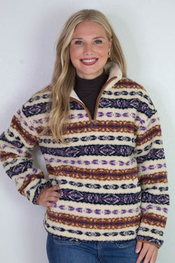 Alpine Sherpa Half Zip Striped Jacket, Tobacco | RD Style