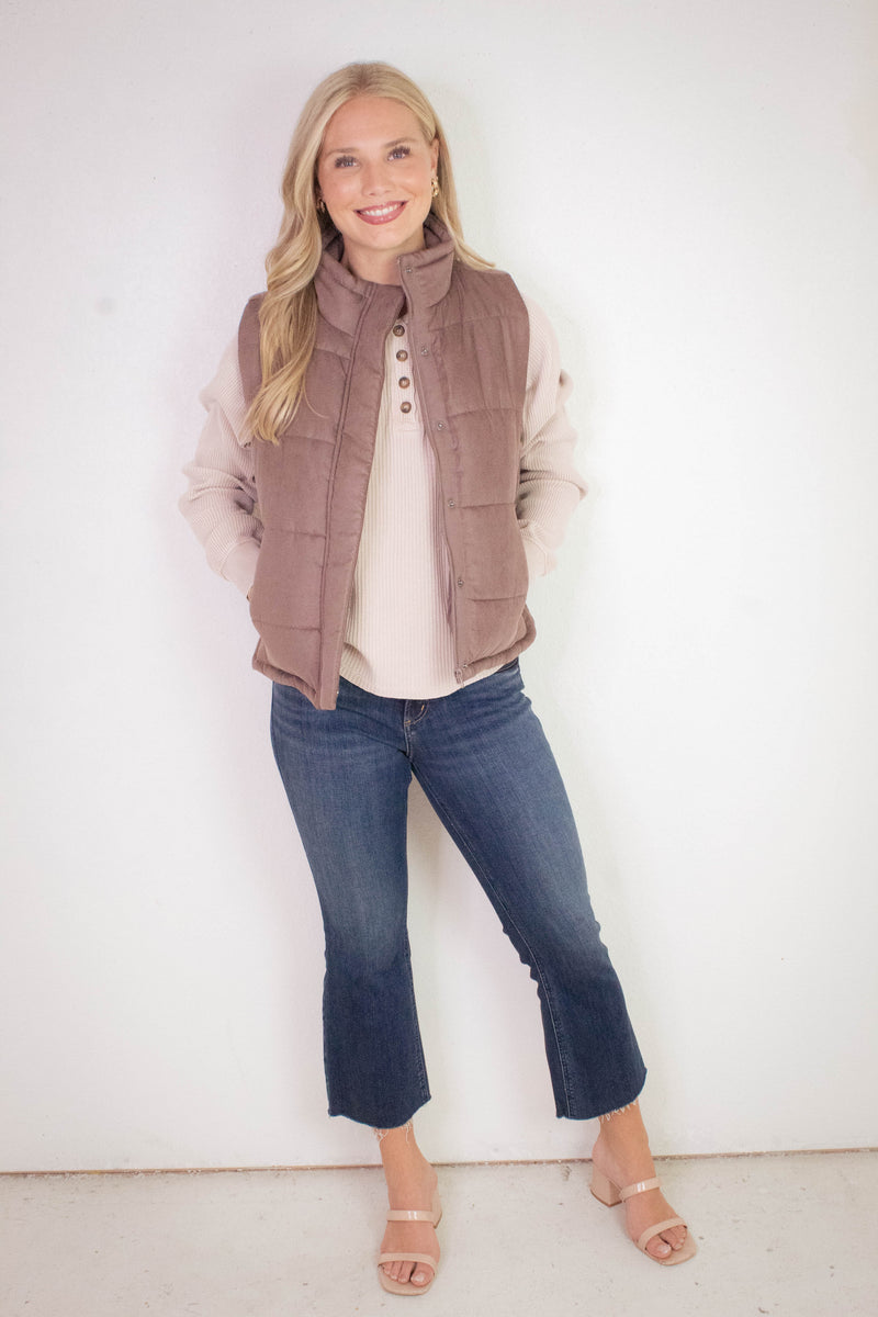 Isabelle Suede Puffer Vest, Cocoa